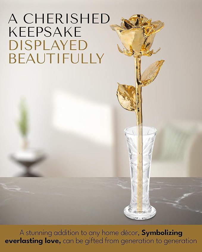 Forever Rose 24K Gold Dipped Real Rose – Handmade, Long-Lasting Preserved Flower in Glass Vase & Gold Box, Romantic Gift for Anniversary, Valentine's, Mother's Day, Birthday, Wedding, Wife, Girlfriend
