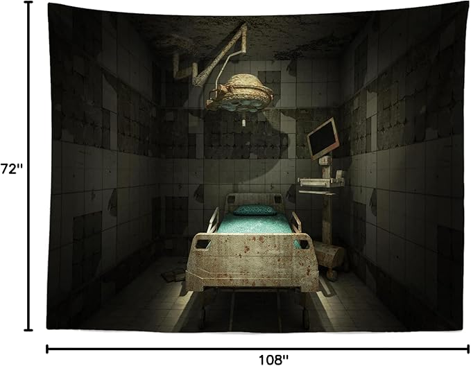 CORFOTO 9x6ft Fabric Creepy Abandoned Operating Room Backdrop Spooky Horror Hospital Interior Background Sickbed Bloody Murder Crime Party Decorations Kids Adults Halloween Party Banner Photo Props