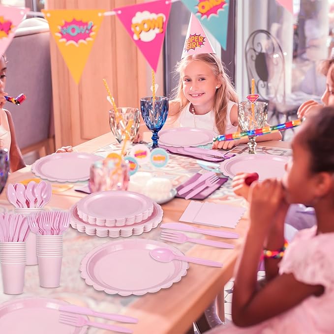 350 Pcs Pink Paper Plates and Napkins, Light Pink Party Supplies Include Valentines Plates Napkins Cups Plastic Spoons Forks Knives for Valentines day, Baby Bridal Shower, Wedding, Birthday
