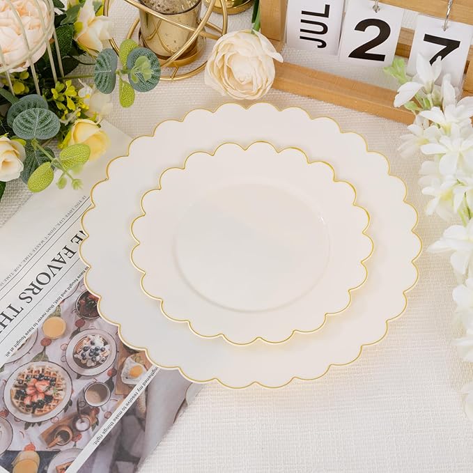 supernal 100pcs Ivory Plastic Plates,Gold Scalloped Disposable Plates,Heavy Duty Plastic Plate Including 50pcs Ivory Dinner & Dessert Plate,Fancy Disposable Platos Perfect for Party,Wedding,Birthday