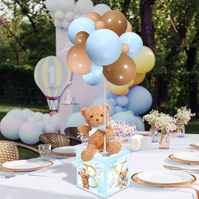Lenwen 6 Sets Baby Letter Boxes Decorations Table Centerpieces for Baby Shower Gender Reveal,Bear Stuffed Animals Balloon with Stand Plush Toy Boxes for Birthday Party Wedding(Bear,Blue)