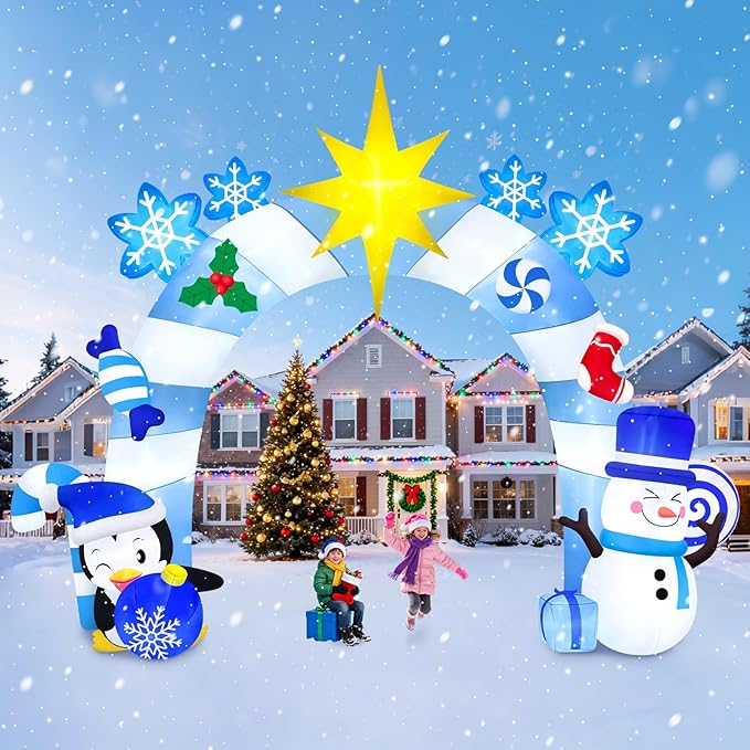 16FT Christmas Inflatable Archway with LED Light, Kalolary Blue Winter Snowman Penguins Inflatable Merry Christmas Blow Up Outdoor Decoration for Courtyard Lawn Shopping Mall Street