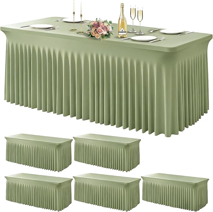 Wish Care 6 Pack Sage Green Spandex Table Clothes for 8 Foot Rectangle Tables, 8FT Wrinkle Free Fitted Tablecloths Ruffles Design Table Cloth for Party, Banquet, Wedding and Events