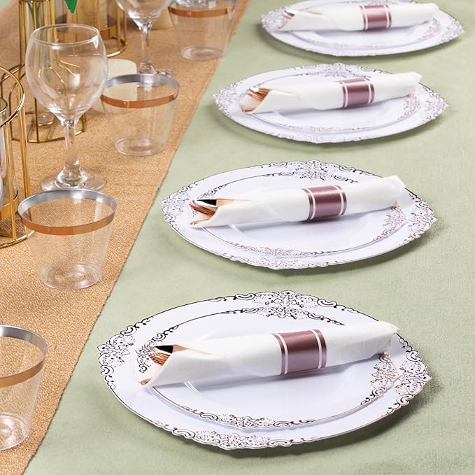100 Pack Rose Gold Plastic Silverware with Pre Rolled Napkins for 100 Guests, Heavyweight Rose Gold Disposable Utensils Sets Includes 300 Plastic Cutlery, 100 Napkins for Party & Wedding