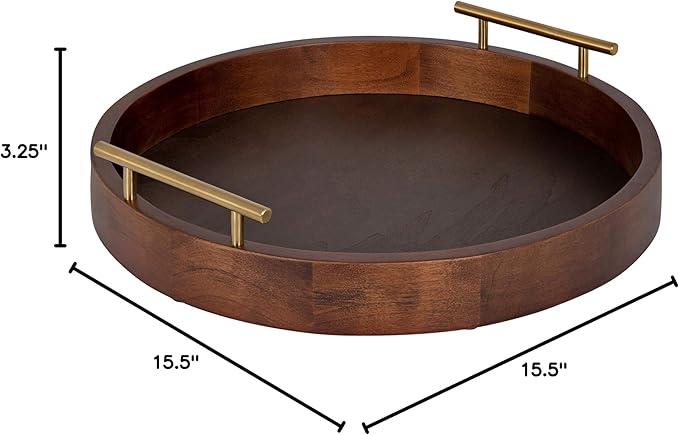 Kate and Laurel Lipton Mid-Century Modern Round Wooden Tray, 15.5" Diameter, Dark Walnut Brown with Gold Handles, Decorative Accent Tray for Storage and Display