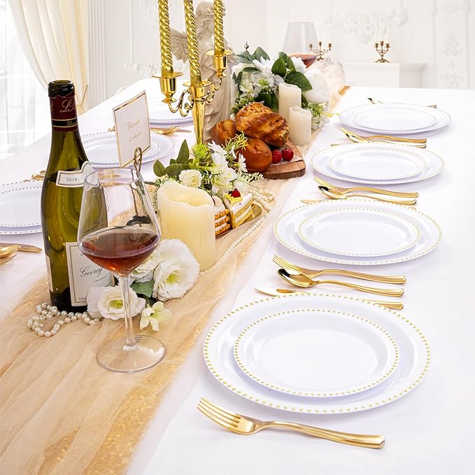 Rubtlamp 60Pcs White Gold Plastic Plates, White Disposable Plates With Gold Beaded, Heavyduty Plastic Plates Include 30 Dessert Platos, 30 Dinner Platos for Party