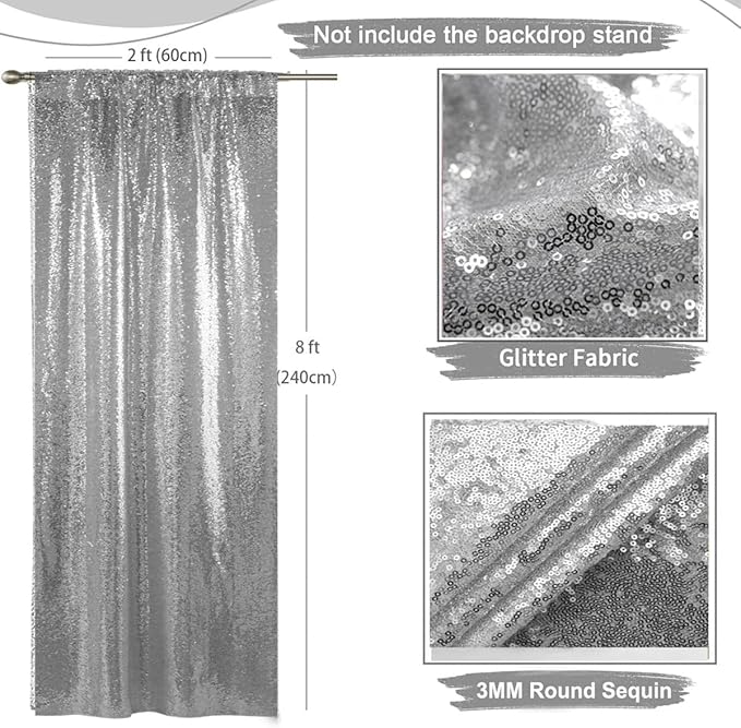 Silver Sequin Backdrop Curtain - 4PCS (2FTx8FT) Glitter Photo Background for Wedding, Christmas, Party, Baby Shower & Stage Decorations (Silver, 2x8ft 4 Panels)
