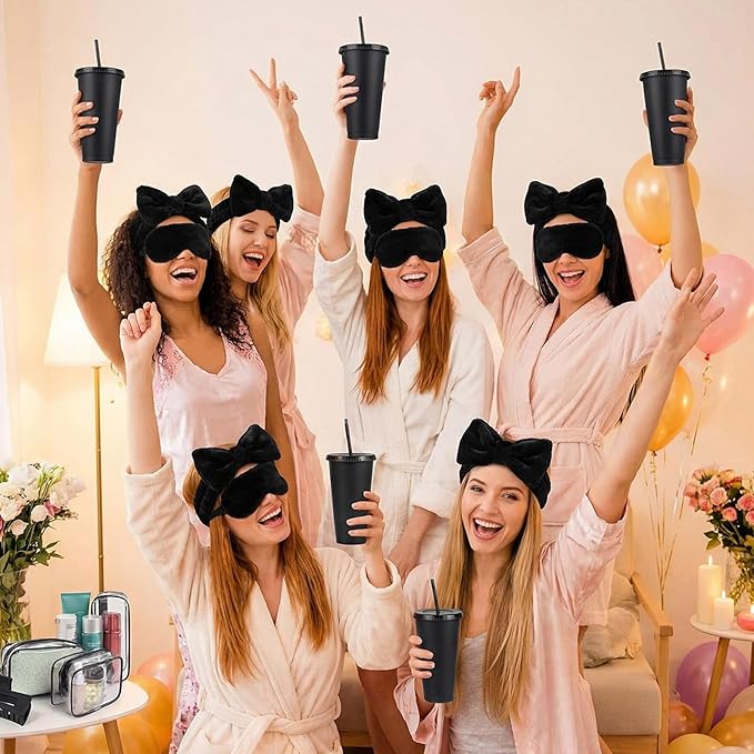 30 Pcs Spa Party Favors for Women Sleepover Party Supplies 6 Bow Headband 6 Eye Mask 6 Hair Clip 6 Cosmetic Bag 6 Glitter Plastic Cup for Adult Spa Birthday Bachelorette Gift(Black)