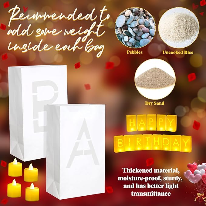 6085 Pcs Happy Birthday Light Up Letters with LED Flameless Tealight Candle Red Rose Petal Letter Luminary Paper Bag for Decoration Party Romantic Night Decor for Women Men