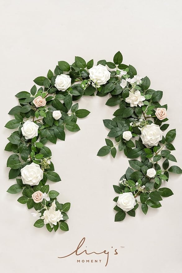 Ling's Moment 5FT White Artificial Flower Garland Fake Rose Green Leaves Floral Garland Arch Flowers Vine for Wedding Party Backdrop Decor Mantel Home Table Centerpieces Window Decorations