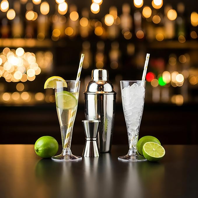 Remerry 200 Pcs Plastic Champagne Flutes 4.5 oz Clear Disposable Champagne Toasting Glass with Paper Straws, Mimosa Cocktail Cup for Valentine, Wedding, New Year, Birthday Party Supplies(Gold)