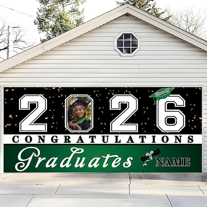 Custom Graduation Garage Door Banner Decoration 7x16ft with Photo Congrats Garage Door Cover 2026 Party Photo Booth Backdrop Party Supplies(Dark Green)