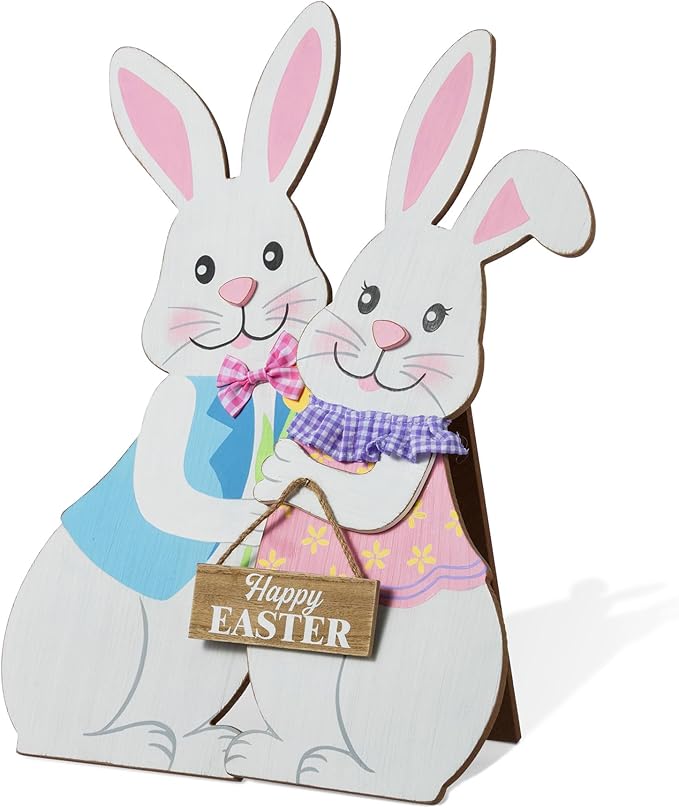 Glitzhome Set of 2 24"H Easter Wooden Bunny Porch Decor,Vertical Welcome Sign for Front Door Outdoor Spring Easter Party Decor