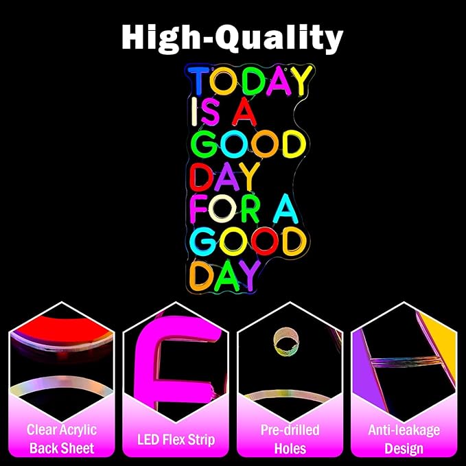 Today Is A Good Day For A Good Day Neon Signs for Wall Decor Dimmable Inspirational Led Sign Colorful Words Neon Lights for Classroom Bedroom Office Cafe Wall Decor