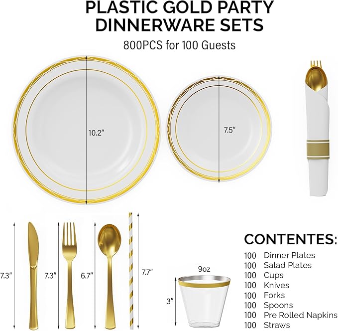 ROVSUN 800 Piece Gold Disposable Dinnerware Set for 100 Guests - Elegant Plastic Plates, 100 Pre-Rolled Napkins, Silverware, Dinner & Dessert Plates, Cups, Straws