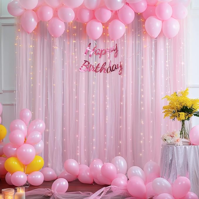 20x10ft Baby Pink Tulle Backdrop Curtain with Lights String for Parites, Sheer Photo Backdrop Curtains with Lights for Wedding Backdrop Ceremony Reception Bridal Shower Baby Shower Birthday Party