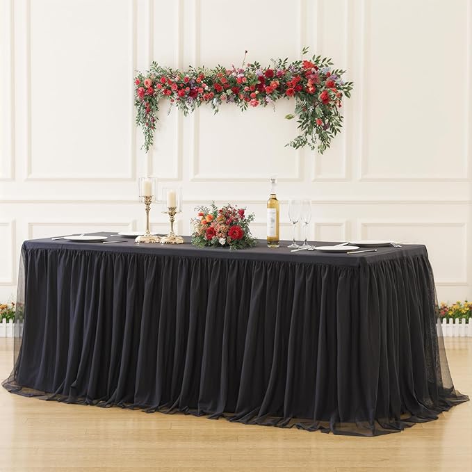 Suppromo 6 Pack Black Tulle Tablecloths for 6 Foot Rectangular Tables, 6ft Black Rectangle Table Cloths, Wrinkle Free Table Cover with Tutu Skirt for Wedding Birthday Party Banquet Buffet Decorations