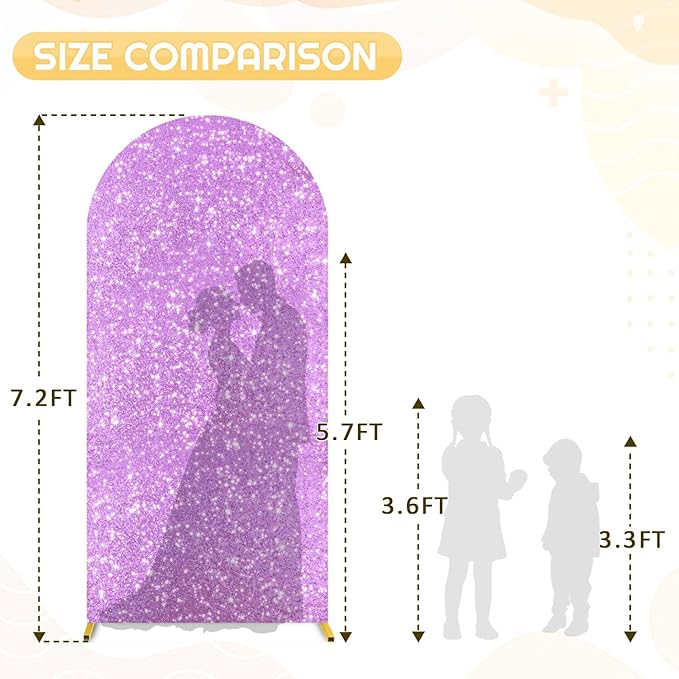 FUHSY Lavender 7.2FT Spandex Arch Cover Sequin Arch Cover Backdrop Fabric Glitter Chiara Arched Cover Wall 2-Sided Covers for Arches Lilac Shimmer Backdrop for Gender Reveal Birthday Event