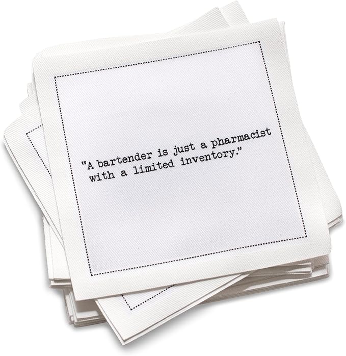 Five Star Funny Bartender’s Wisdom Quotes | White Cotton Cocktail Napkins | 50 Luxury Disposable Beverage Napkins with Witty Bar Quotes | Drink Napkins for Parties, Bars, Weddings & Game Nights