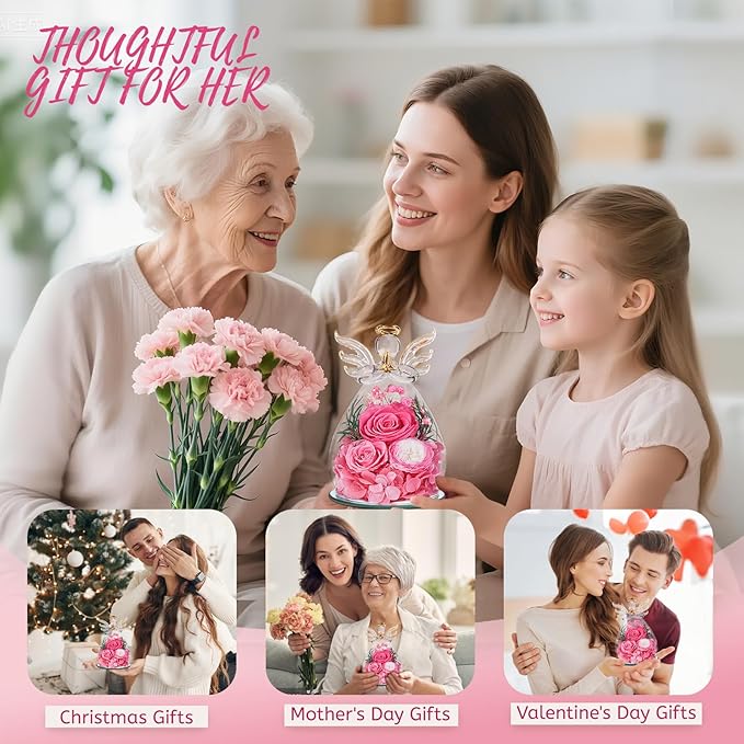 Birthday Gifts for Women Mom Preserved Roses in Glass Angel Figurines Flowers for Delivery Forever Flowers Eternal Rose Valentines Day for Grandma Sister Wife Her from Daughter