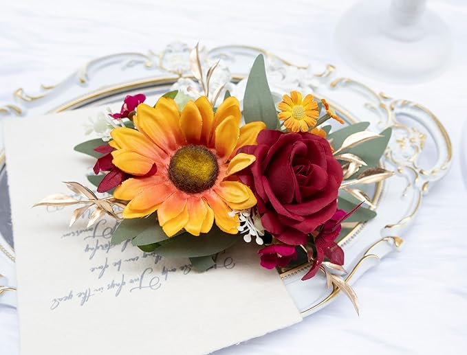 Marriwise 3Pcs Pre-made Cake Toppers Flowers, Sunflower & Red Wedding Cake Decoration,Artificial Flowers Decor for Wedding Ceremony Anniversary,Birthday Party,Fall Vintage (Sunflower & Red)