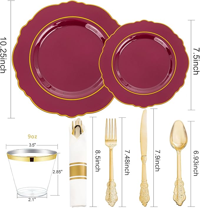 Liacere 175PCS Red Plastic Plates - Disposable Burgundy Red and Gold - 25guest Baroque Plastic Dinnerware include 50Plates, 25Pack Pre Rolled Napkins with Silverware 25Cups for Christmas