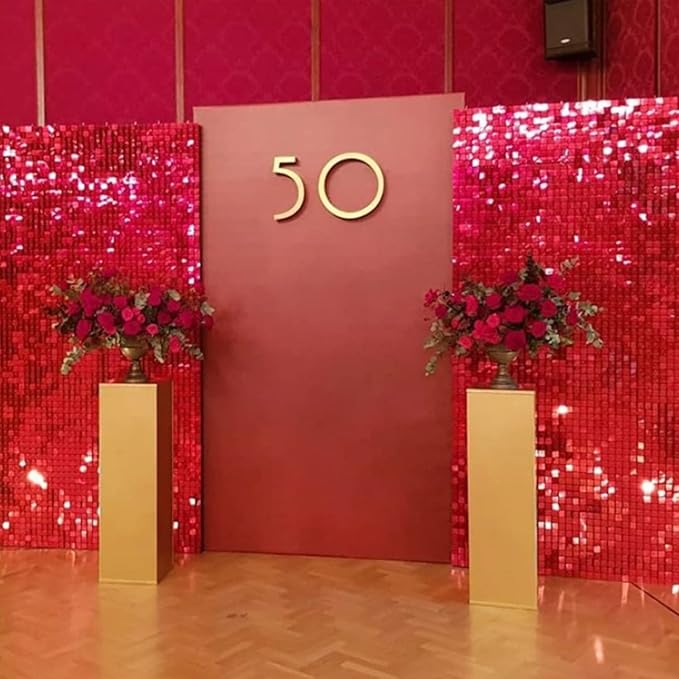 COKAOBE Red Shimmer Wall Backdrop, 24PCS Square Sequin Shimmer Backdrop Panel, Photo Backdrops for Birthday, Anniversary, Wedding, Graduation & Bachelorette Party Decoration