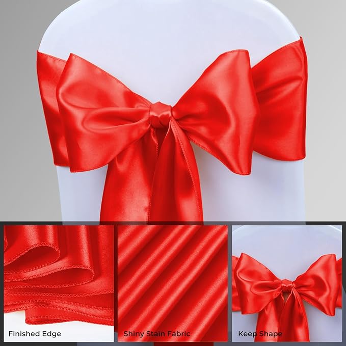 Babenest Satin Chair Sashes Ties Upgraded 50 pcs Chair Ribbons Bows for Wedding Banquet Party Christmas Baby Shower Events Decoration (Red)