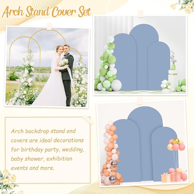 Arch Stand with Cover 6FT 6.6FT 7.2FT Dusty Blue Spandex Arch Covers Metal Arch Stand with Arched Backdrop Covers Set of 3 Arched Stand Covers for Wedding Birthday Party Decorations