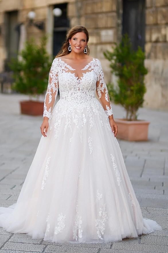 Plus Size Wedding Dresses for Bride Long Sleeve Wedding Bridal Gowns with Lace Appliques Off Shoulder Bride Dress
