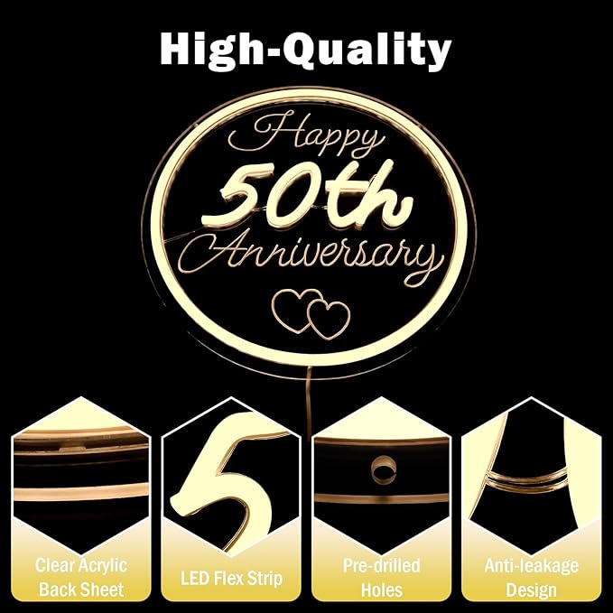 50th Anniversary Neon Sign Dimmable Happy Anniversary Sign Wedding Anniversary Decorations Led Sign Best 50th Gifts for Parents Couples(11.26")