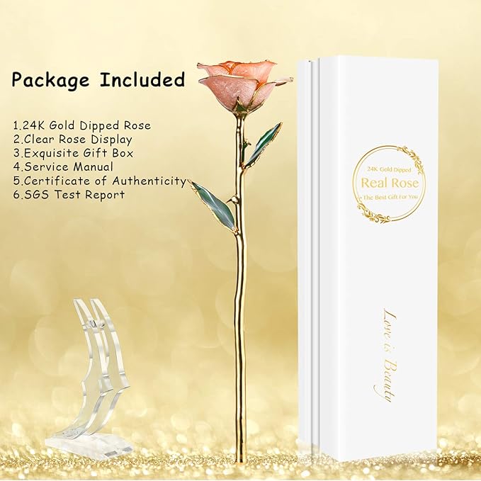 24K Gold Rose, Gold Dipped Rose Made from Real Rose Best Gifts for her and Great Gifts for Wife, Pink with Stand