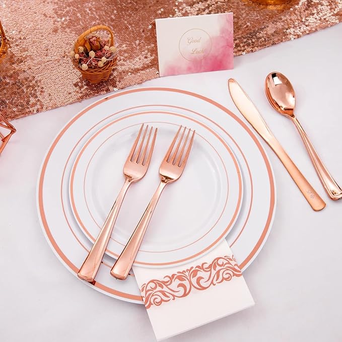 Sylans 700 Piece Dinnerware Set for Wedding & Party,100 Guest RimPlastic Plates,100 Plastic Silverware,100 Cups,100 Linen Like Napkins (Rose Glod) ypj
