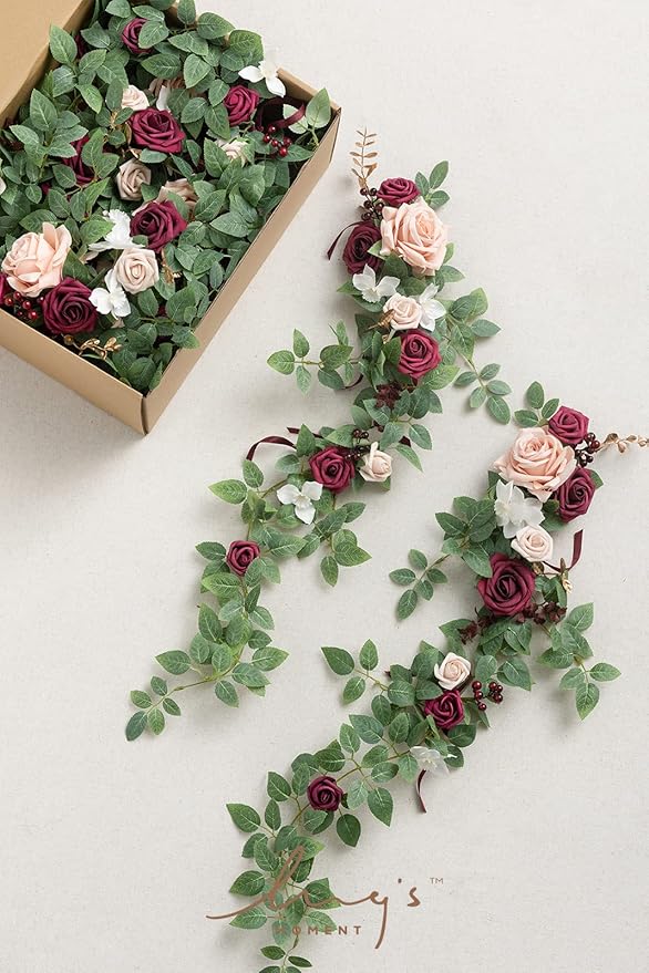 Ling's moment Fall 10pcs Wedding Chair Decorations Aisle Floral Swag Artificial Pew Flowers Hanging Garland Marsala & Blush for Ceremony Reception Church Rose Floral Arrangement Party Outdoor Decor