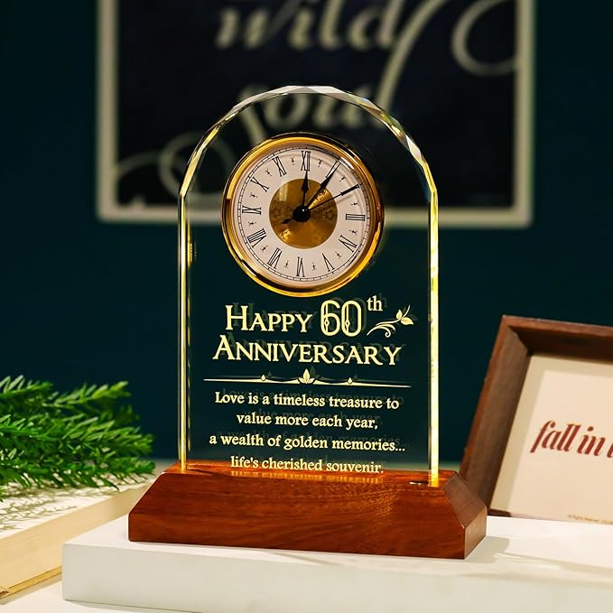 YWHL 60th Wedding Anniversary Clock Gifts for Parents Grandparents, 60 Years Anniversary Couple Gift, Table Clock Glass Presents with Wooden Light Base for Home Decoration (Battery not Included)