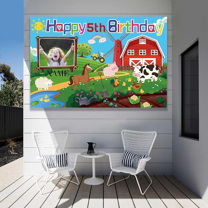 Custom Farm Animal Happy Birthday Party Decorations Supplies Personalized Farm Animal Barn Cow Farmhouse Birthday Backdrop Banner(6x9ft)
