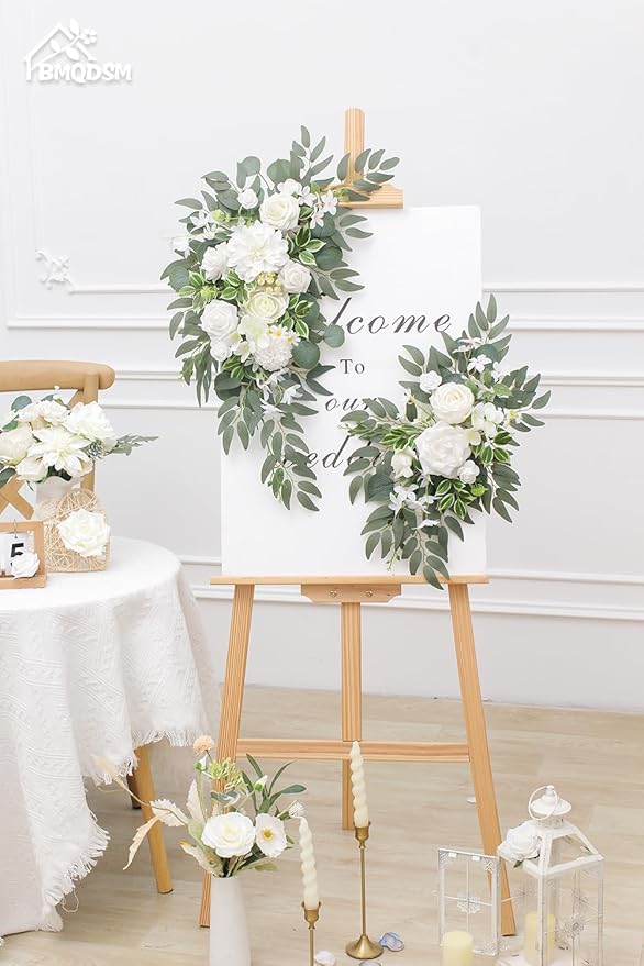 Wedding Welcome Signs Floral(Pack of 2),Wedding Arch Flowers for Wedding Decorations and Reception Backdrop Decoration (New White)