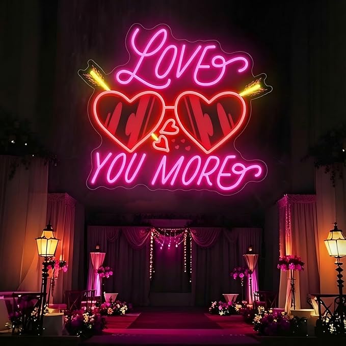 Love You More Neon Sign for Wall Decor, Playful Heart LED Neon Light with Sparkle Detail for Date Night Bedroom Party Decor, Romantic Neon Wall Art for Valentine’s Day Couple Decor 15"x13"