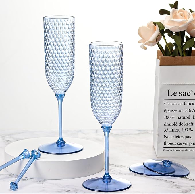 XUWAIDSGN 48 Pack Blue Detachable 2 piece Champagne Flutes 5.5 Oz Unbreakable Plastic Mimosa Disposable Champagne Glasses Drinking Cups Stemmed Reusable Wine Toasting Glasses for Wedding