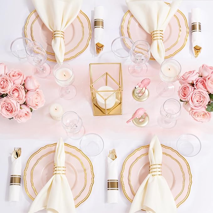 Hioasis 350pcs Pink and gold Plastic Plates - Pink Plastic Dinnerware Set Includes 50 Dinner Plates, 50 Dessert Dinnerware, 50 Cups, 50 Rolled Napkin Cutlery Perfect for Wedding & Party
