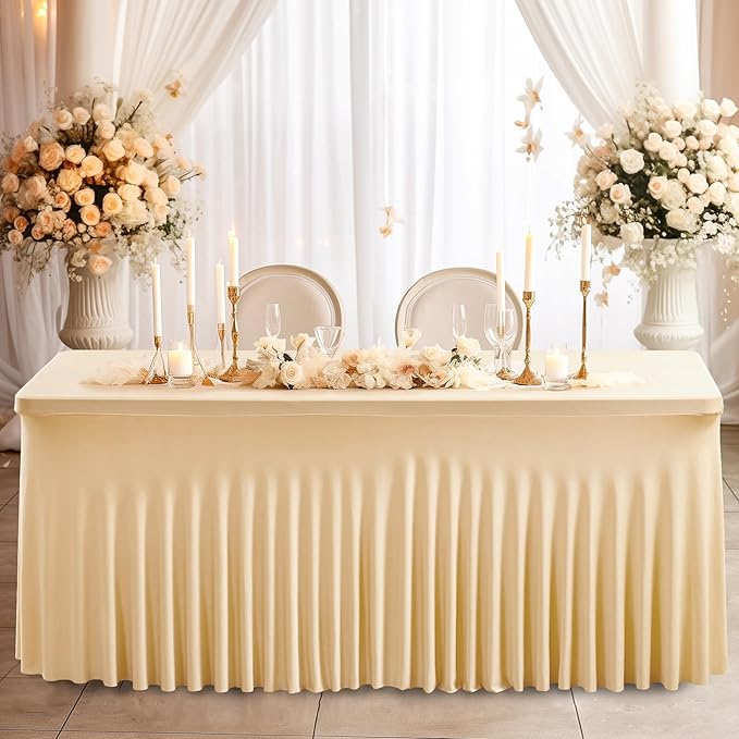 Wish Care 2 Pack Champagne Spandex Table Clothes for 4 Foot Rectangle Tables, 4FT Wrinkle Free Fitted Tablecloths Ruffles Design Table Cover for Party, Banquet, Wedding and Events