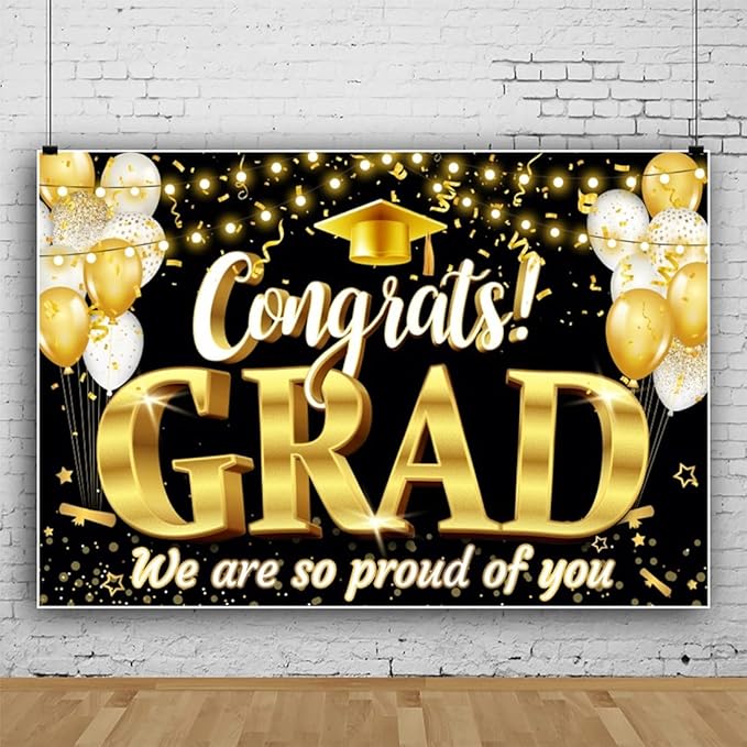 Black Gold Graduation Backdrop 2025 Grad Congrats Banner for Graduation Party Decoration Class of 2025 Commencement Decoration Prom Party Supplies Decorations Banner Photo Booth Props 10x8ft