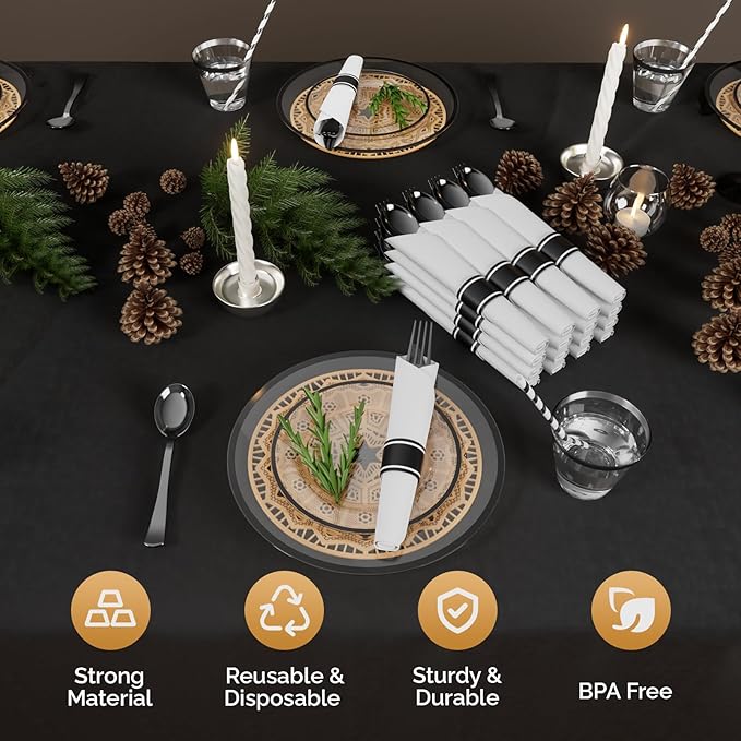 ROVSUN 400 Piece Black Disposable Dinnerware Set for 50 Guests, Clear Plastic Plates for Party, 50 Pre-Rolled Napkins,Silverware,Dinner & Dessert Plates,Cups,Straws for Wedding Birthday Event