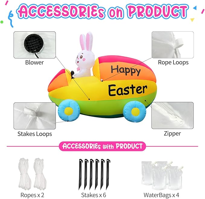 2025 New Huge Easter Inflatable Bunny Driving Car Outdoor Decorations, Build-in LED Lights Holiday Blow Up Yard Decoration, for Easter Holiday Party, Outdoor,Garden, Yard Lawn Décor