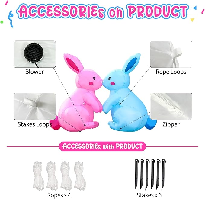 Domkom 6FT Long Kissing Valentines Day&Easter Inflatable Bunnies Outdoor Decorations, Build-in LED Lights Holiday Blow Up Yard Decoration, for Easter&Valentine's Day, Outdoor,Garden, Yard Lawn Décor