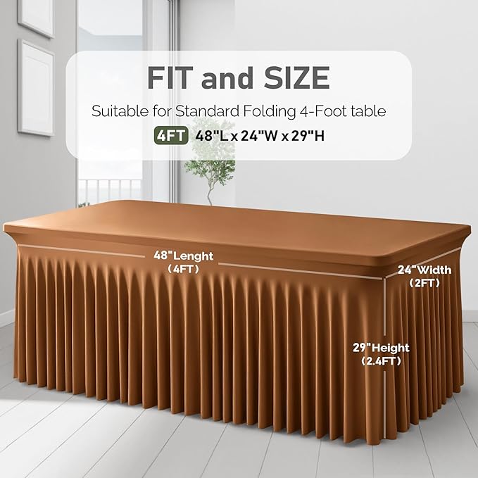 2 Packs Brown Table Clothes for 4 Foot Rectangle Tables, One-Piece Wrinkle Resistant Stretch Spandex Table Covers with Skirt for Event Banquet Wedding Birthday Party