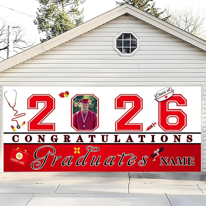 Custom Photo Graduation Garage Door Banner Personalized 2026 Grad Banner 7x16ft Porch Door Sign Decoration Outdoor Photo Booth Backdrop Party Supplies(Nurse Red)