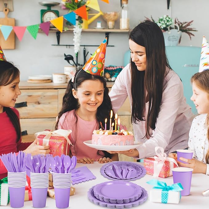 350 Pcs Lavender Paper Plates and Napkins, Easter Plates Light Purple Party Supplies Include Light Purple Scalloped Plate Napkins Cups Plastic Spoon Fork Knive for Baby Shower, Wedding, Birthday