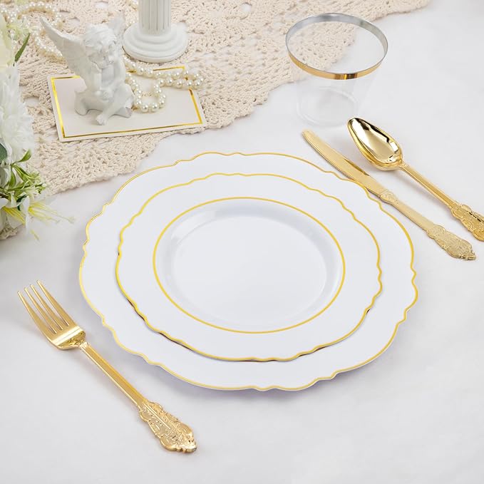 Liacere 350PCS Gold Plastic Plates-Disposable White and Gold Plates 50guest Baroque Plastic Dinnerware include 100Plates, 50Pack Pre Rolled Napkins with Silverware 50Cups for Wedding&New Years