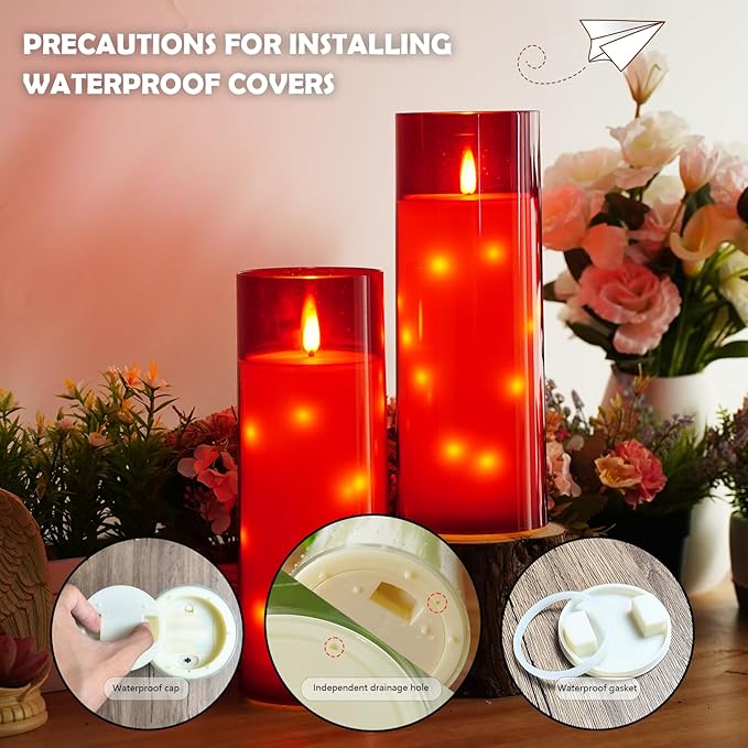Waterproof Outdoor Candles with Timer & Remote - Battery Operated LED Candles, Realistic Flameless Plastic Pillar, Pack of 2 (4" D x 11" H, Red) for Patio, Garden Camping Rainy Weather